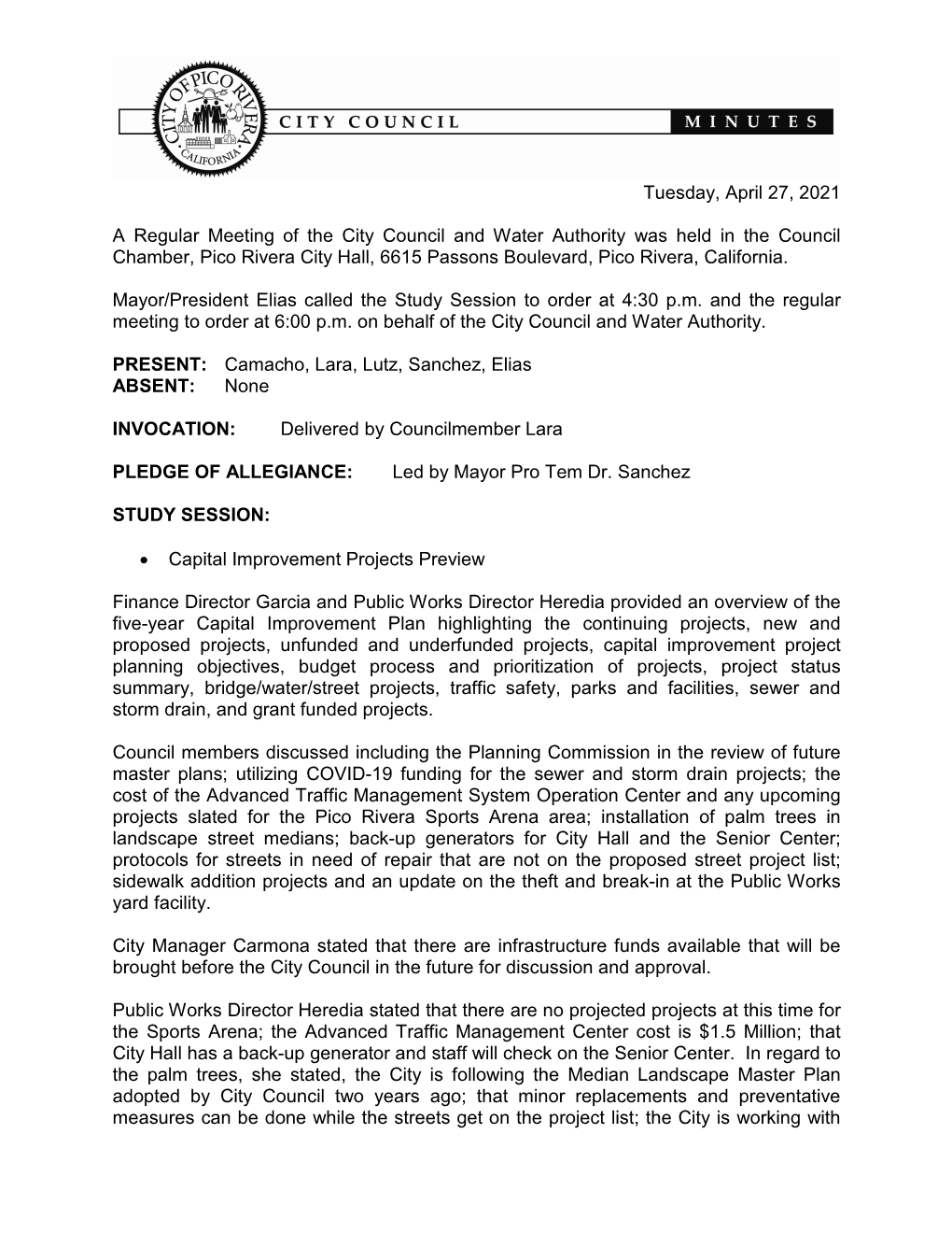 Tuesday, April 27, 2021 a Regular Meeting of the City Council and Water Authority Was Held in the Council Chamber, Pico Rivera C