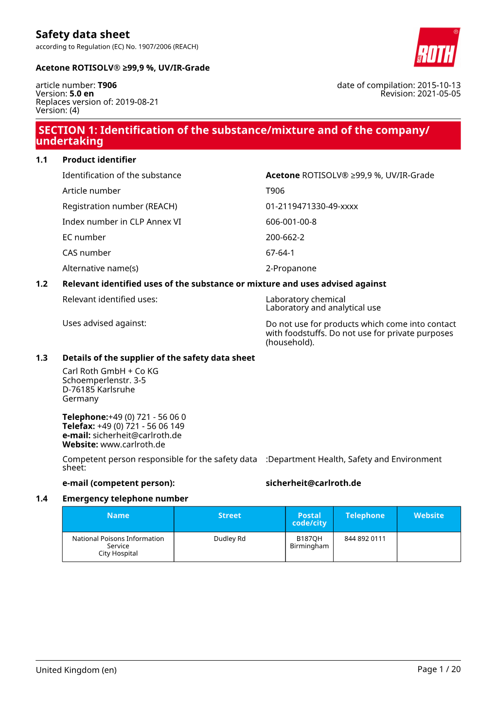 Safety Data Sheet: Acetone