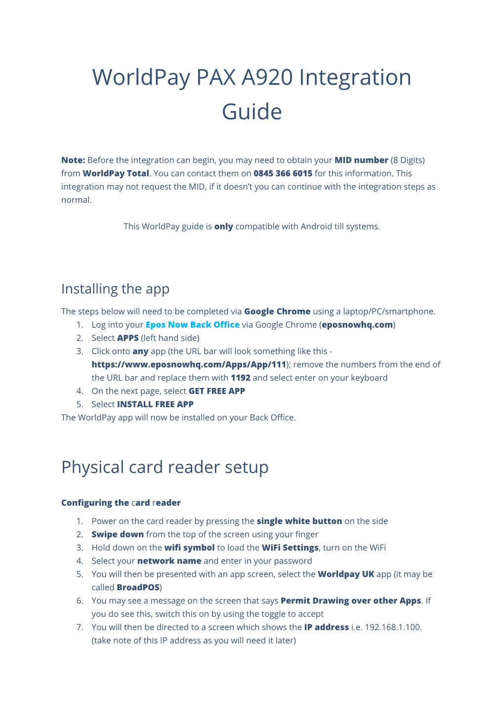 Worldpay PAX A920 Integration Guide
