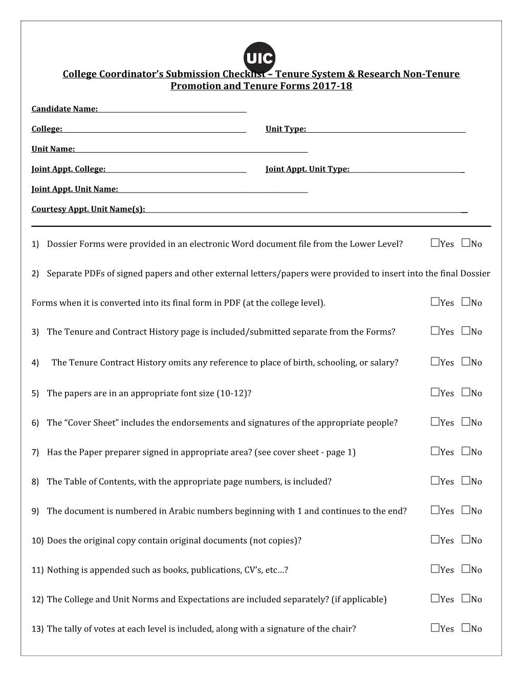 College Coordinator S Submission Checklist Tenure System & Research Non-Tenure