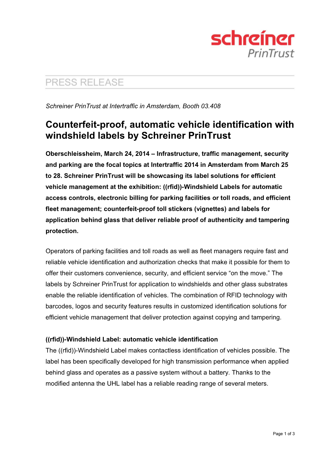 Counterfeit-Proof, Automatic Vehicle Identification with Windshield Labels by Schreiner