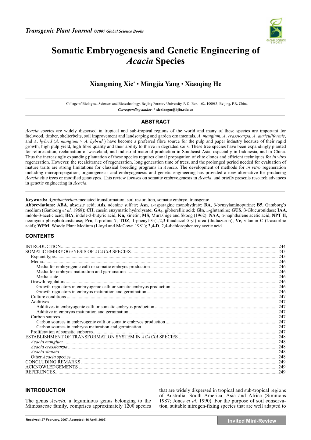 Somatic Embryogenesis and Genetic Engineering of Acacia Species