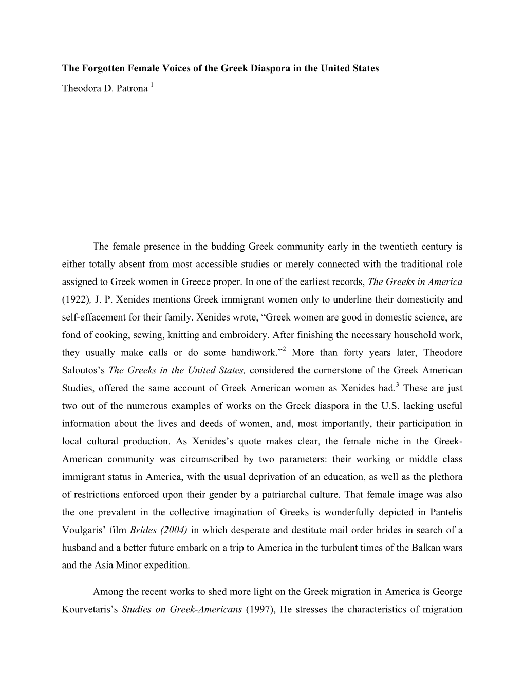 Forgotten Female Voices of the Greek Diaspora in the United States Theodora D