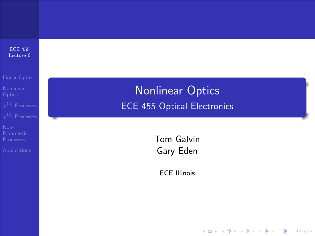Nonlinear Optics Nonlinear Optics Χ(2) Processes ECE 455 Optical Electronics Χ(3) Processes