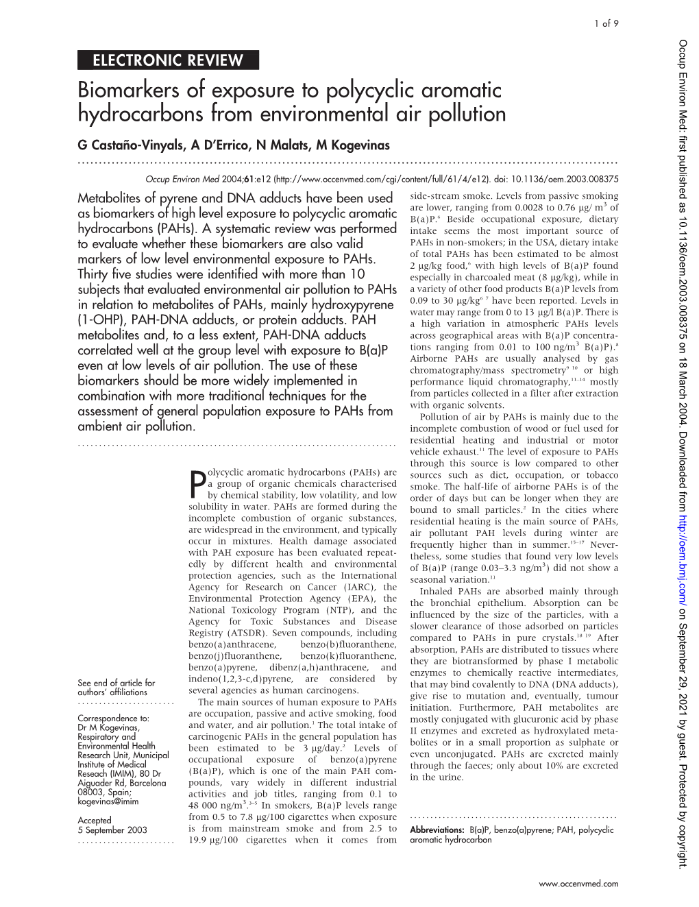 Biomarkers of Exposure to Polycyclic Aromatic Hydrocarbons from Environmental Air Pollution