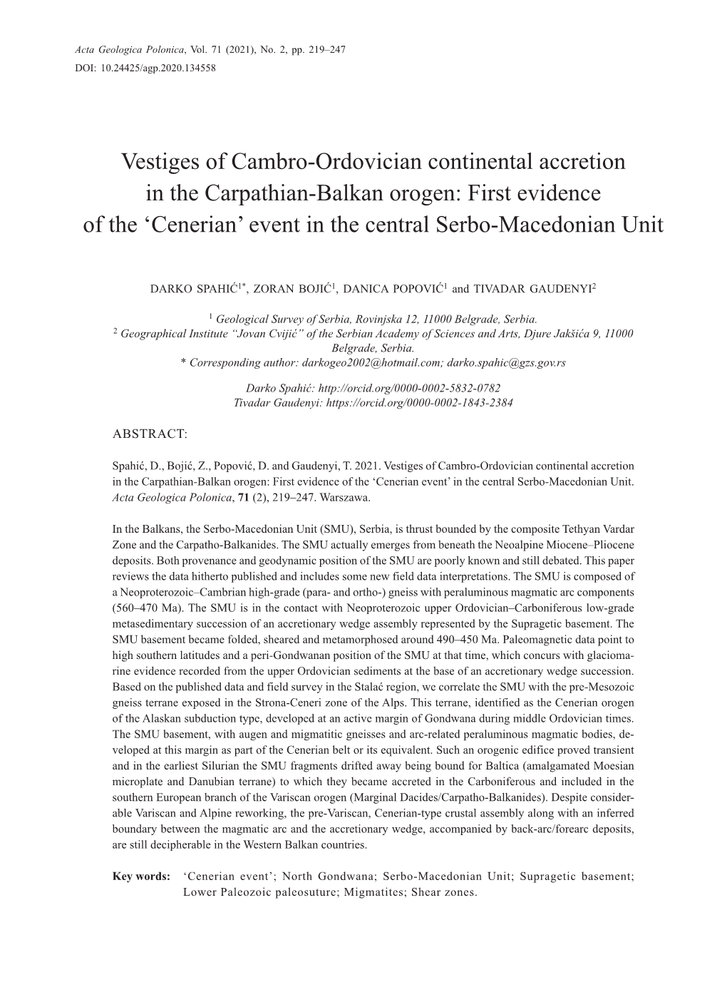 Vestiges of Cambro-Ordovician Continental Accretion in the Carpathian-Balkan Orogen: First Evidence of the ‘Cenerian’ Event in the Central Serbo-Macedonian Unit