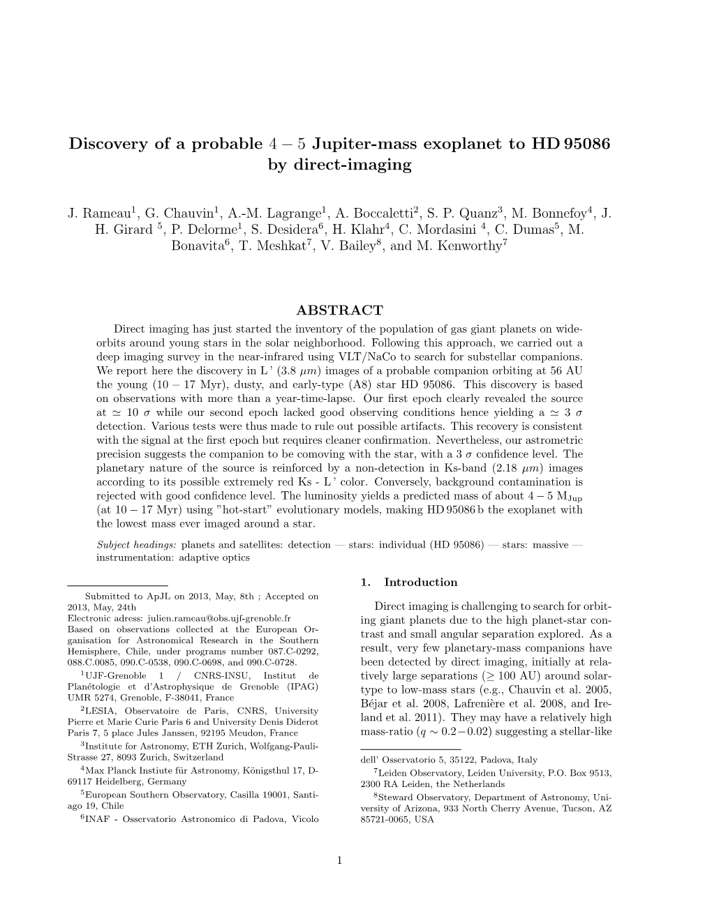 Discovery of a Probable 4 − 5 Jupiter-Mass Exoplanet to HD 95086 by Direct-Imaging