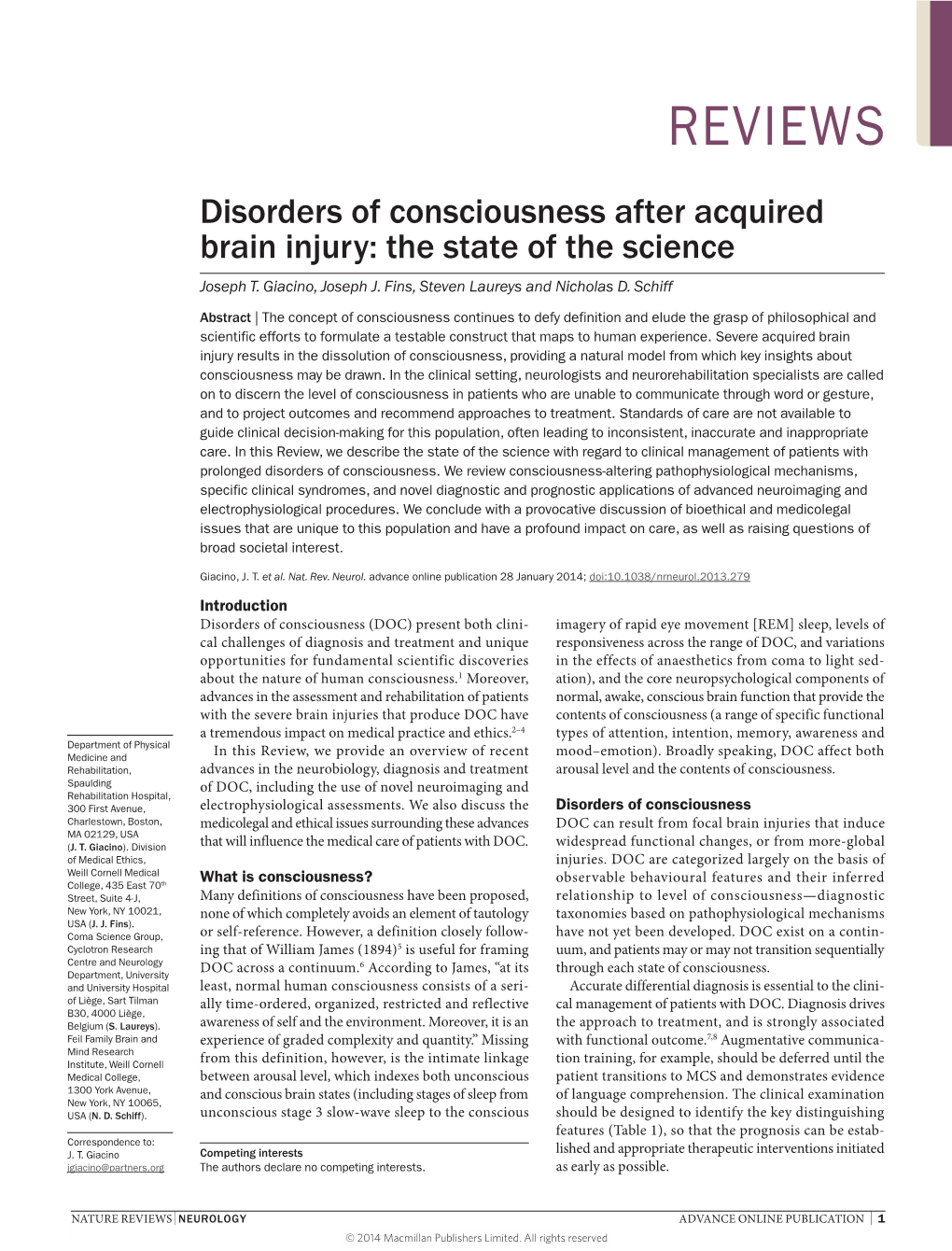 Disorders of Consciousness After Acquired Brain Injury: the State of the Science Joseph T
