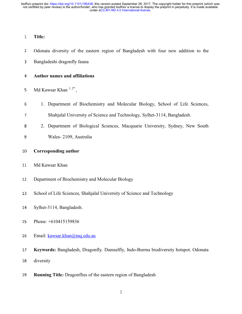 Odonata Diversity of the Eastern Region of Bangladesh with Four New Addition to the Bangladeshi Dragonfly Fauna Author N