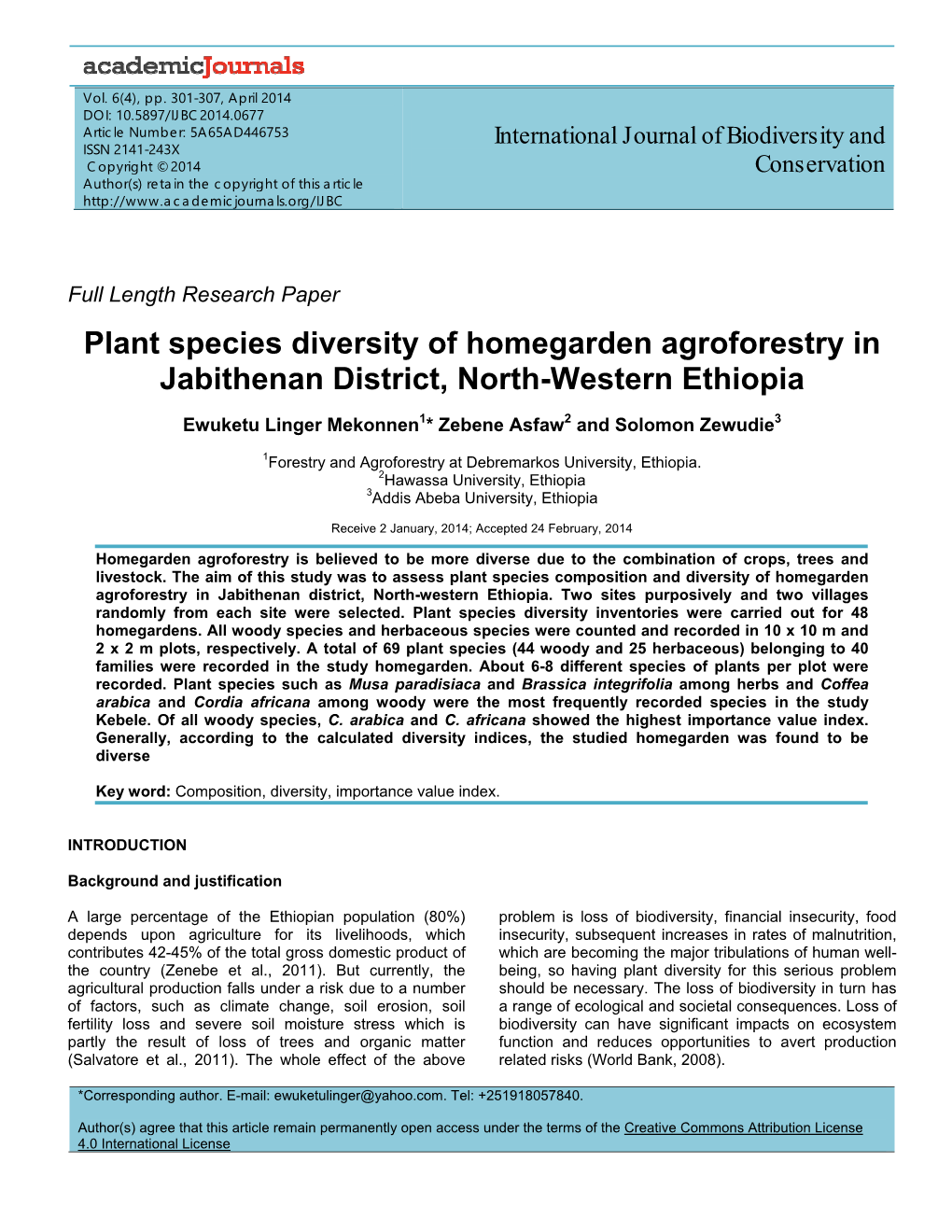 Plant Species Diversity of Homegarden Agroforestry in Jabithenan District, North-Western Ethiopia