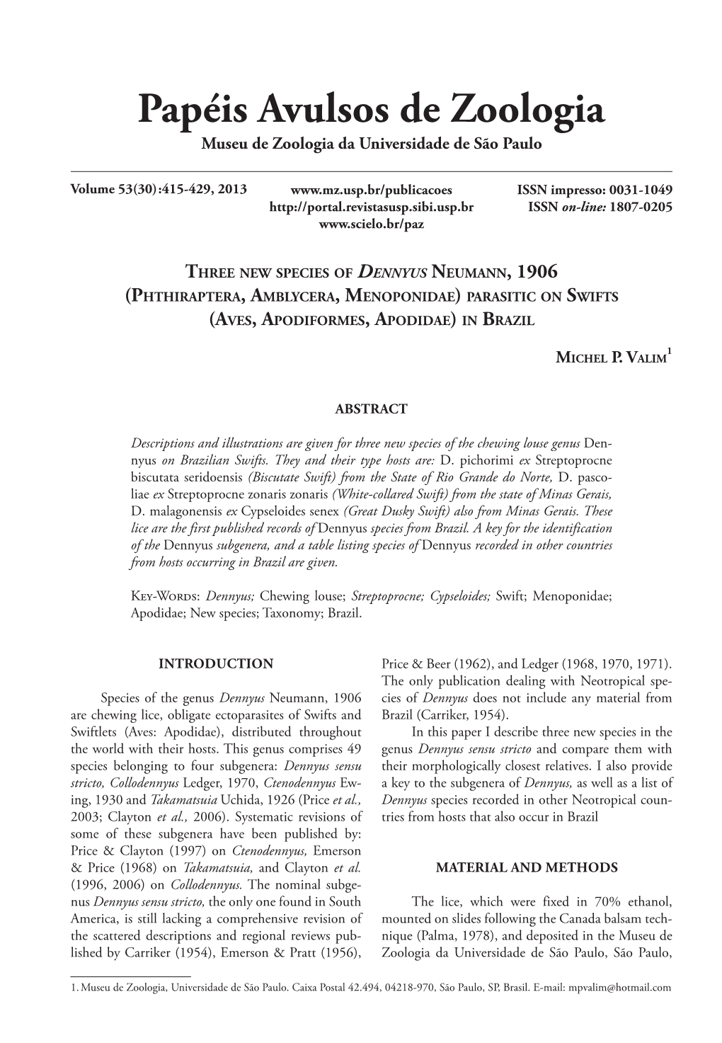 Phthiraptera, Amblycera, Menoponidae) Parasitic on Swifts (Aves, Apodiformes, Apodidae) in Brazil