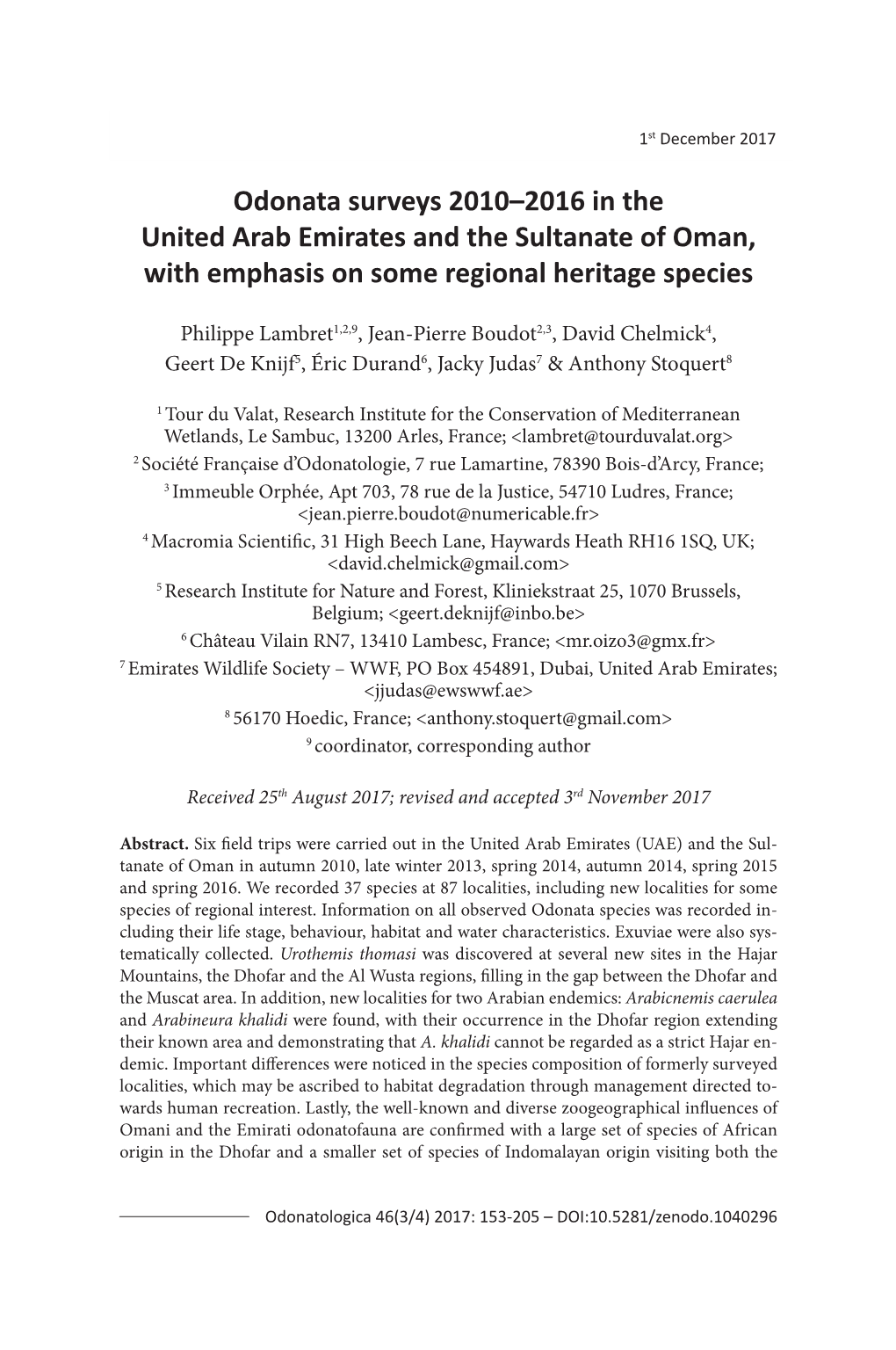 Odonata Surveys 2010–2016 in the United Arab Emirates and the Sultanate of Oman, with Emphasis on Some Regional Heritage Species