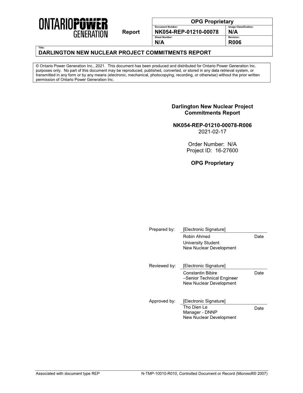 Darlington New Nuclear Project Commitments Report