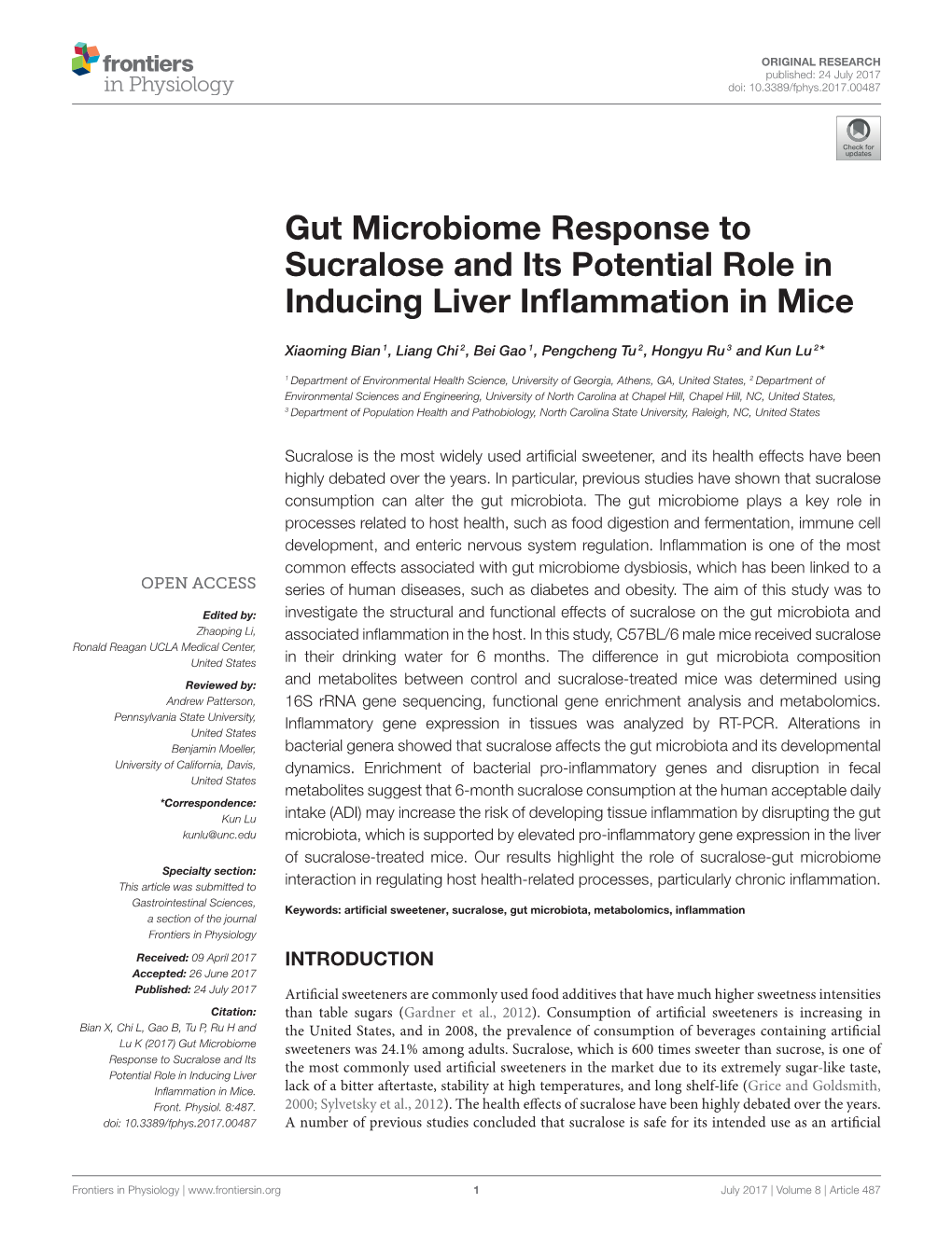 Gut Microbiome Response to Sucralose and Its Potential Role in Inducing Liver Inﬂammation in Mice