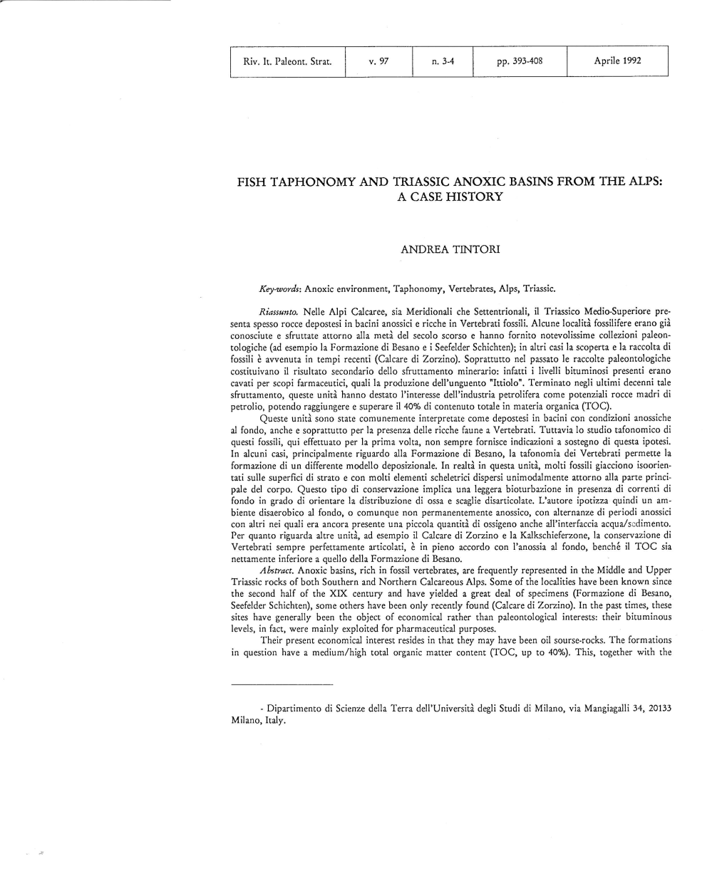 Fish Taphonomy and Triassic Anoxic Basins from the Alps: a Case History