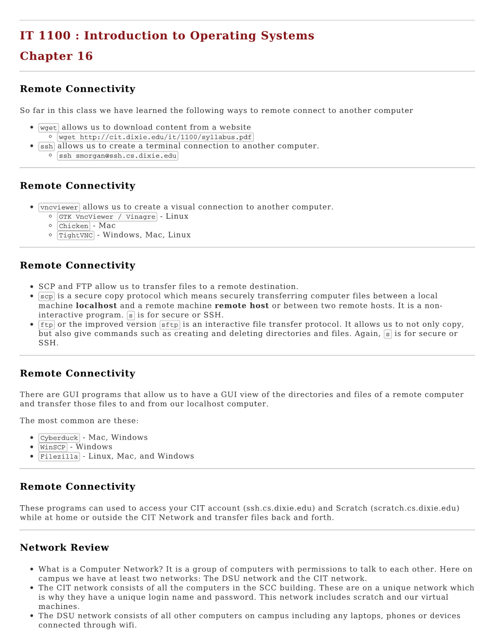 IT 1100 : Introduction to Operating Systems Chapter 16