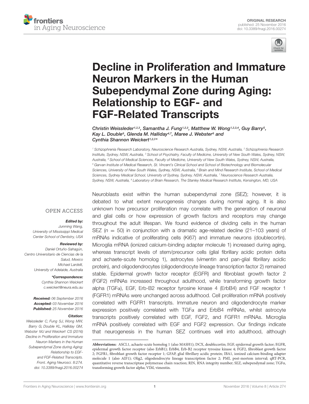 Decline in Proliferation and Immature Neuron Markers in the Human Subependymal Zone During Aging: Relationship to EGF- and FGF-Related Transcripts