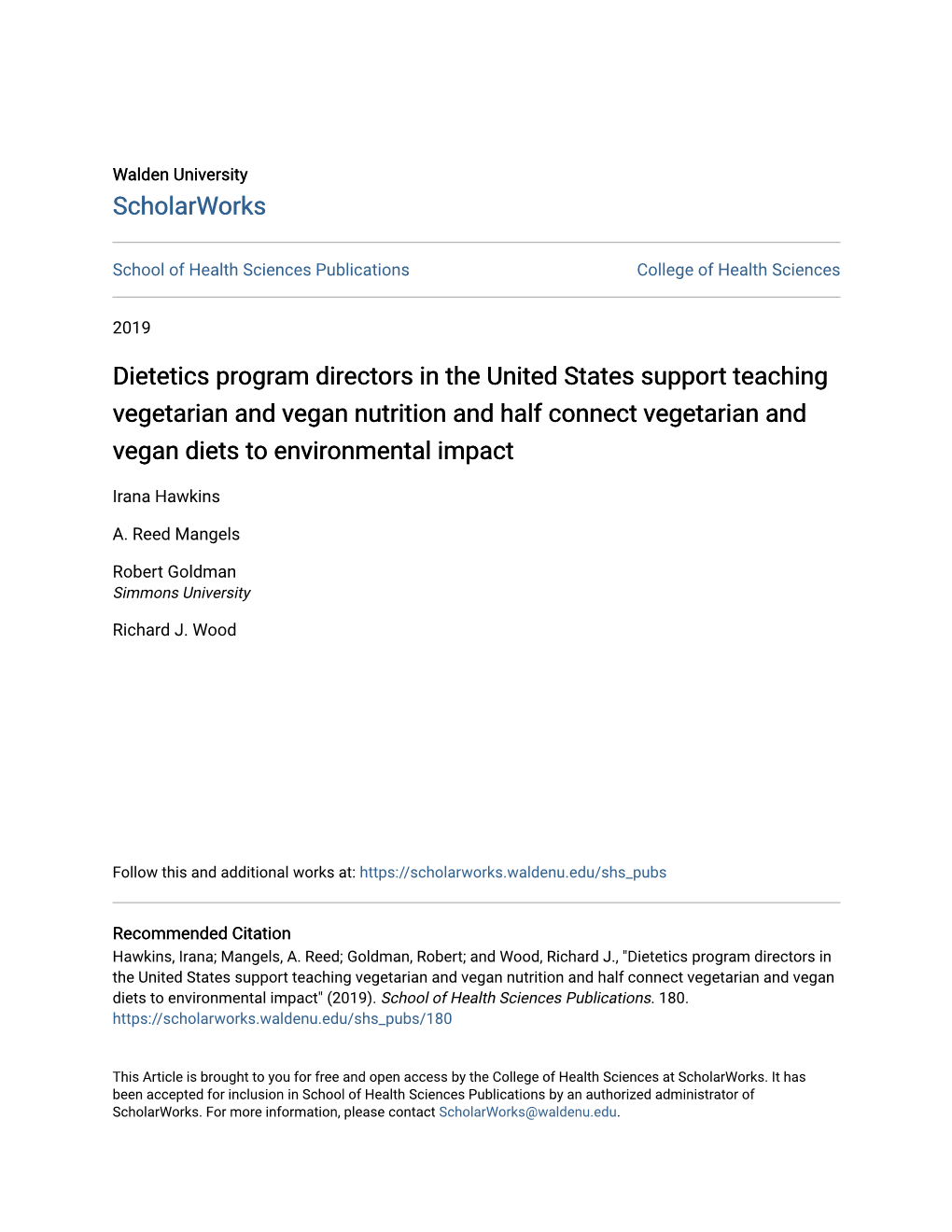 Dietetics Program Directors in the United States Support Teaching Vegetarian and Vegan Nutrition and Half Connect Vegetarian and Vegan Diets to Environmental Impact