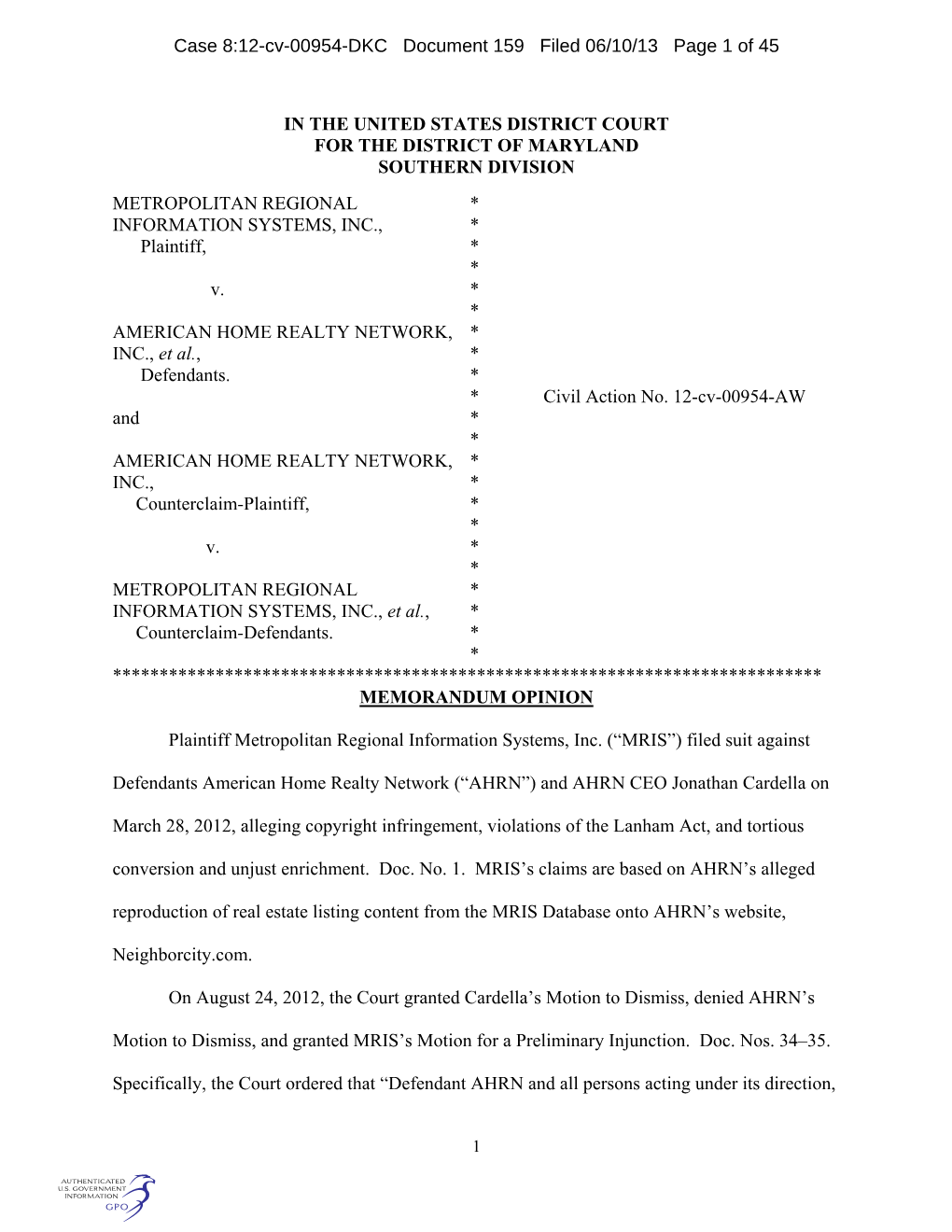 Case 8:12-Cv-00954-DKC Document 159 Filed 06/10/13 Page 1 of 45