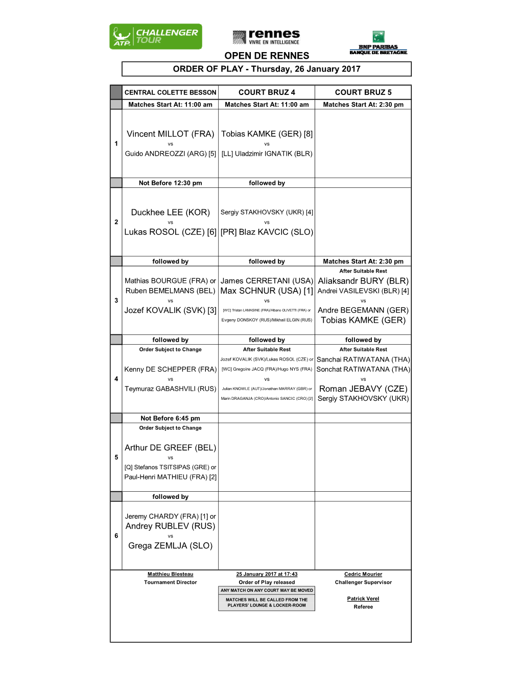 OPEN DE RENNES ORDER of PLAY - Thursday, 26 January 2017