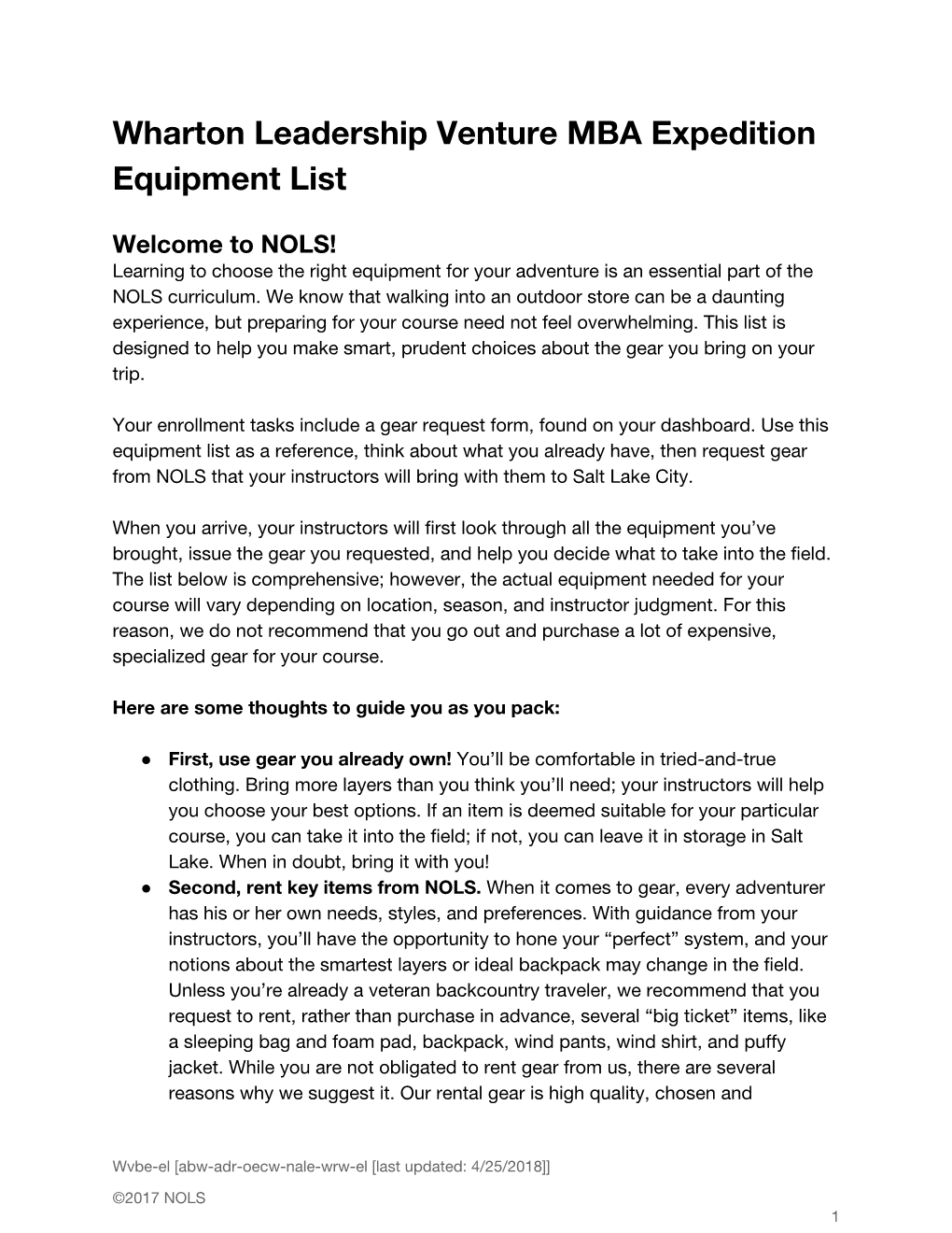 Wharton Leadership Venture MBA Expedition Equipment List