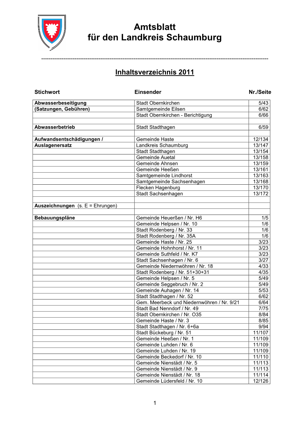 Inhaltsverzeichnis Amtsblatt 2011