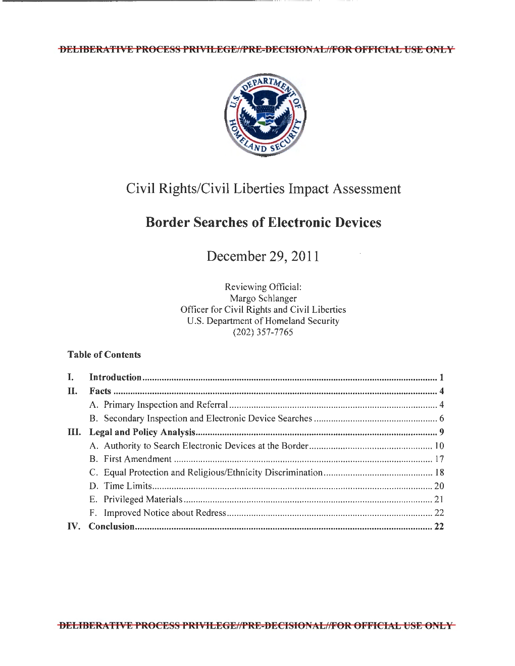 Civil Rights/Civil Liberties Impact Assessment Border Searches Of