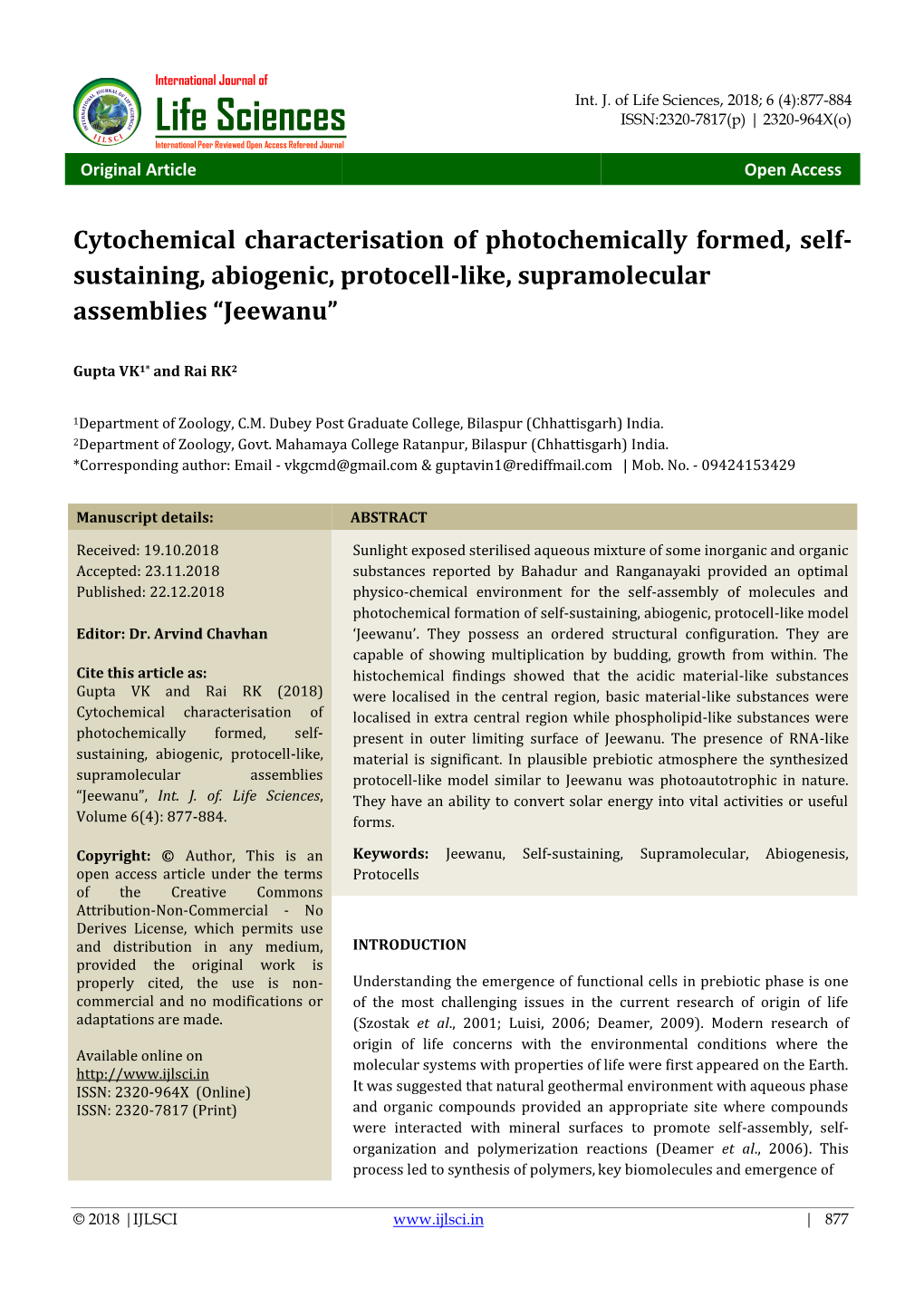 Life Sciences, 2018; 6 (4):877-884 Life Sciences ISSN:2320-7817(P) | 2320-964X(O)