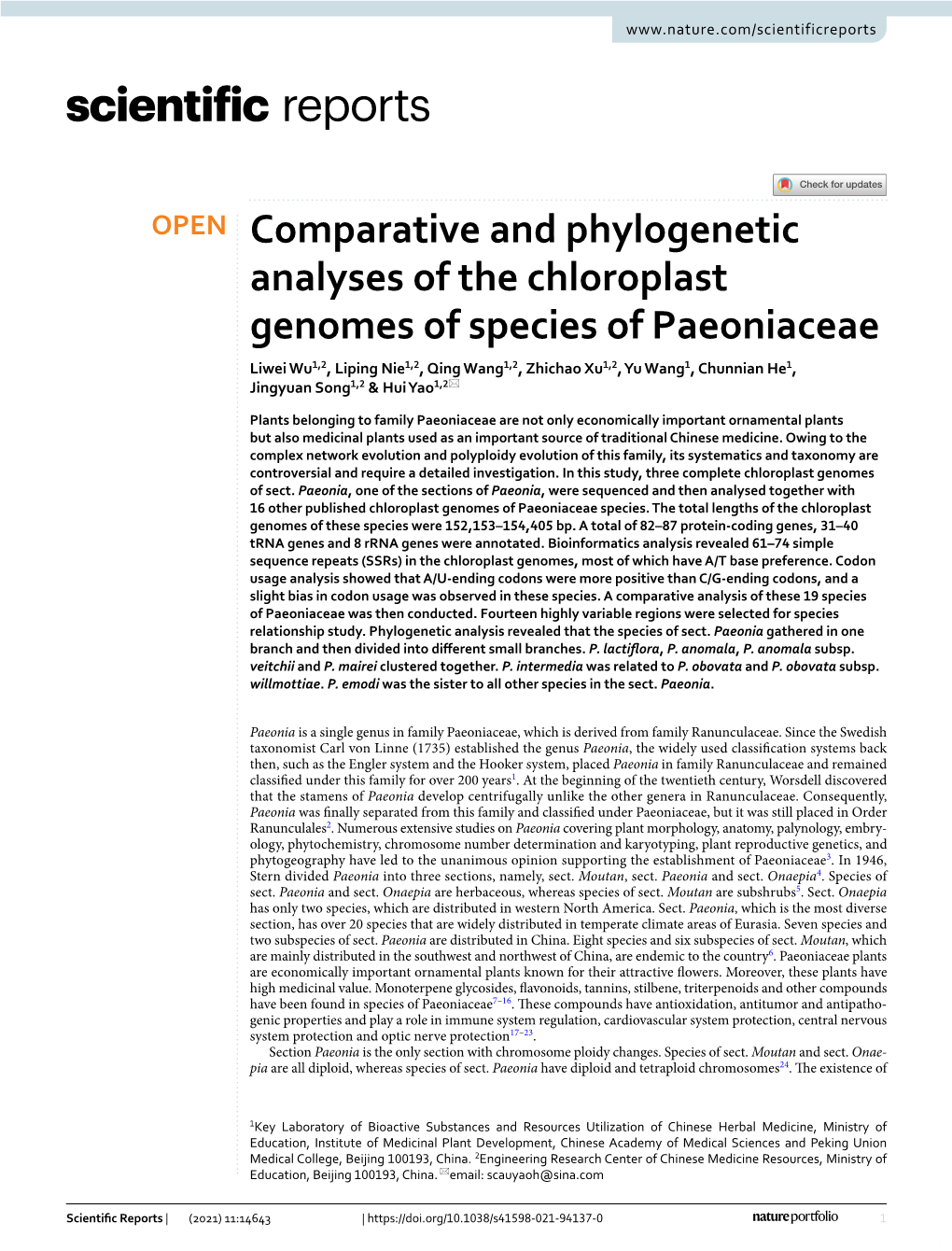 Comparative and Phylogenetic Analyses of the Chloroplast Genomes of Species of Paeoniaceae