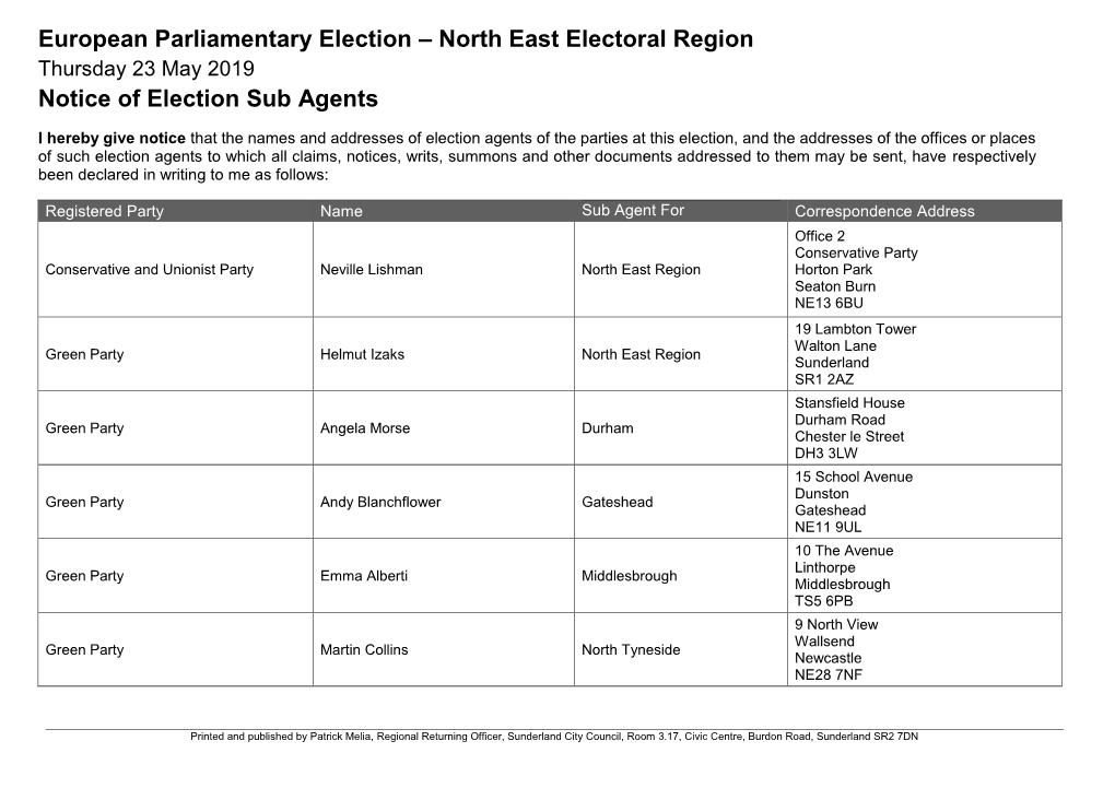 North East Electoral Region Notice of Election Sub Agents