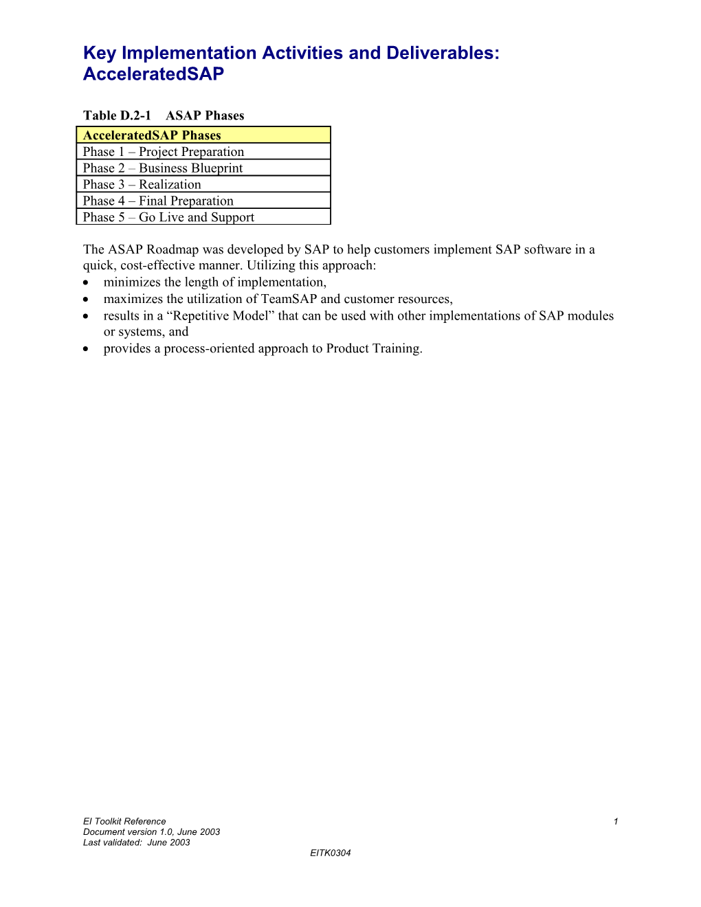 Key Implementation Activities and Deliverables: Acceleratedsap