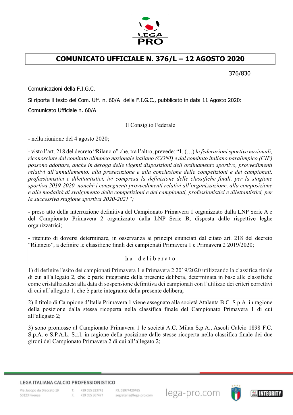 Comunicato Ufficiale N. 376/L – 12 Agosto 2020