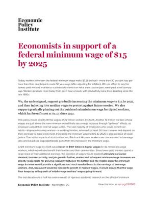 Economists in Support of a Federal Minimum Wage of $15 by 2025
