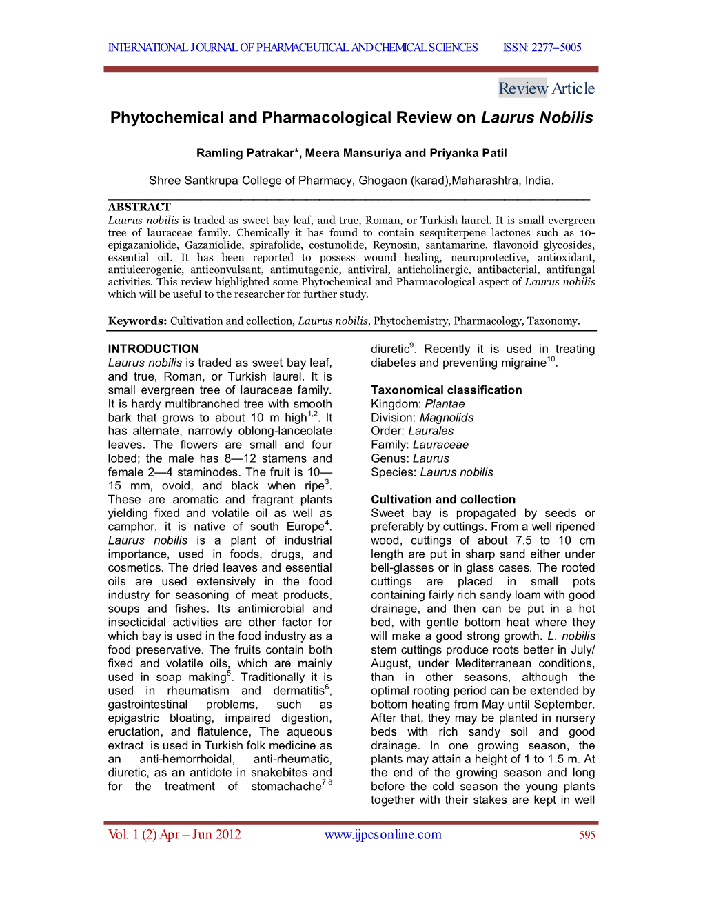 Review Article Phytochemical and Pharmacological Review on Laurus Nobilis