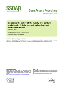 In Bolivia: the Political Activities of Branko Marinković Rajković, Ana