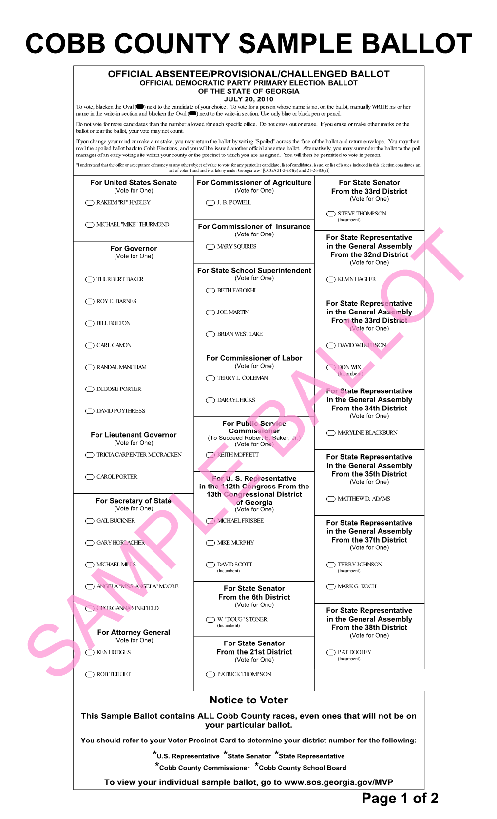 Cobb County Sample Ballot