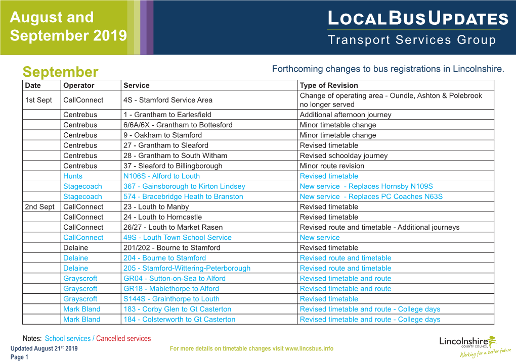 Local Bus Updates September 2019 Transport Services Group