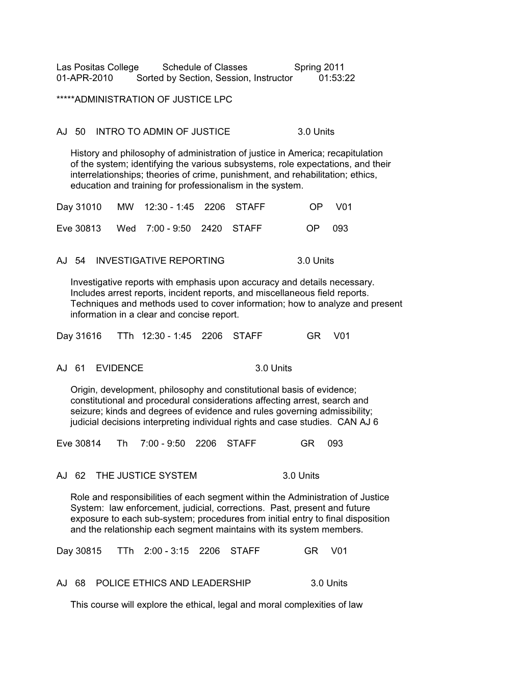 Las Positas College Schedule of Classes Spring 2011