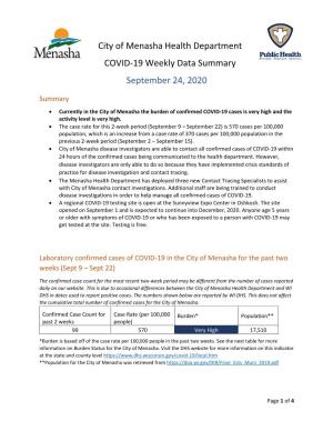 City of Menasha Health Department COVID-19 Weekly Data Summary September 24, 2020