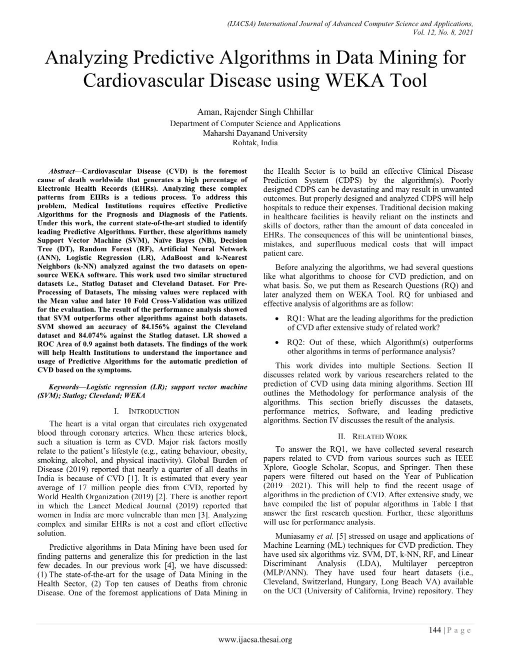 Analyzing Predictive Algorithms in Data Mining for Cardiovascular Disease Using WEKA Tool
