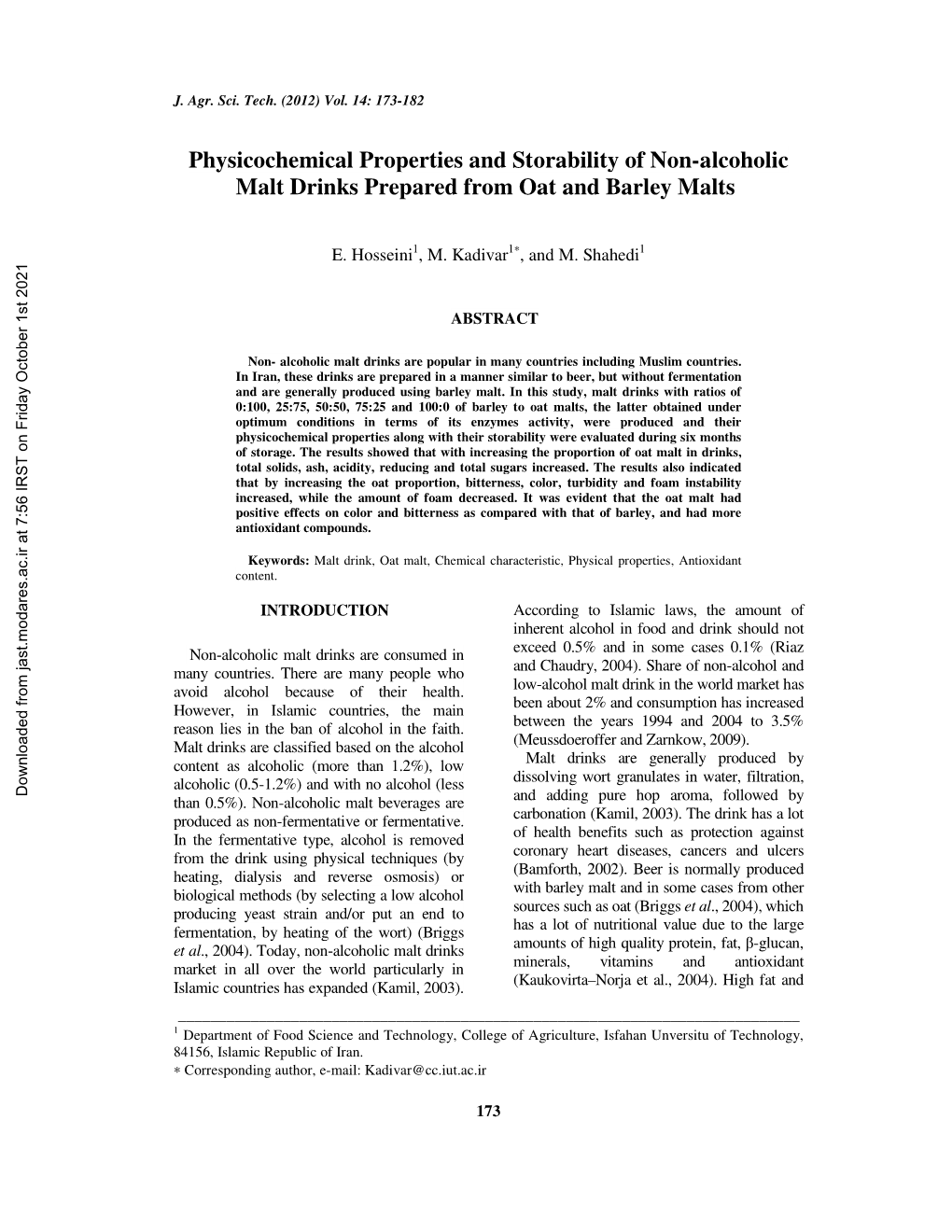 Physicochemical Properties and Storability of Non-Alcoholic Malt Drinks Prepared from Oat and Barley Malts