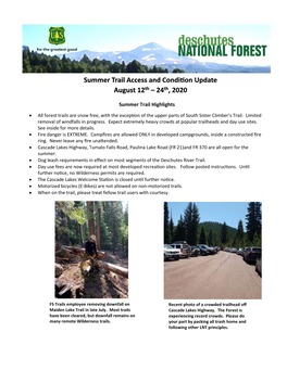 Summer Trail Access and Condition Update August 12Th – 24Th, 2020