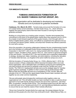 Yamaha Announces Formation of U.S. Based Yamaha Guitar Group, Inc