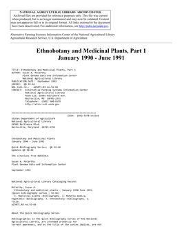 Ethnobotany and Medicinal Plants, Part 1 January 1990 - June 1991