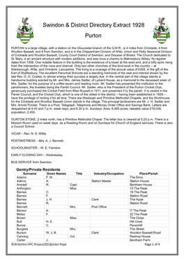 Swindon & District Directory Extract 1928 Purton