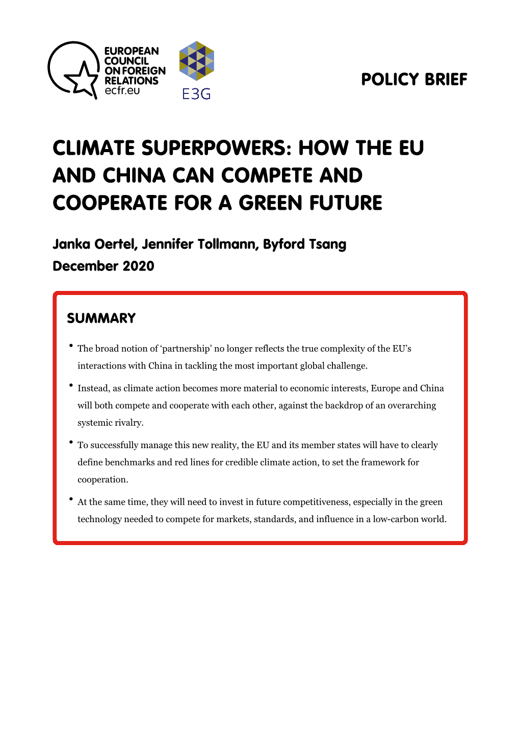 How the Eu and China Can Compete and Cooperate for a Green Future