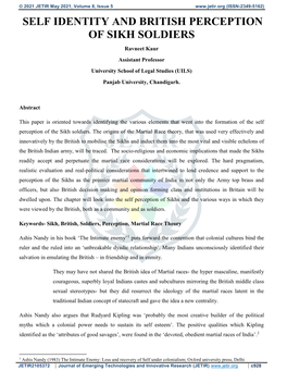 SELF IDENTITY and BRITISH PERCEPTION of SIKH SOLDIERS Ravneet Kaur Assistant Professor University School of Legal Studies (UILS) Panjab University, Chandigarh