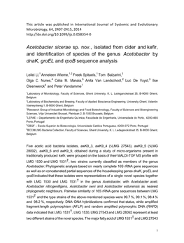 Acetobacter Sicerae Sp. Nov., Isolated from Cider and Kefir, and Identification of Species of the Genus Acetobacter by Dnak, Groel and Rpob Sequence Analysis