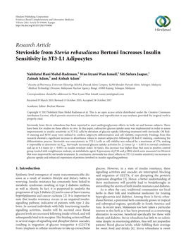 Stevioside from Stevia Rebaudiana Bertoni Increases Insulin Sensitivity in 3T3-L1 Adipocytes