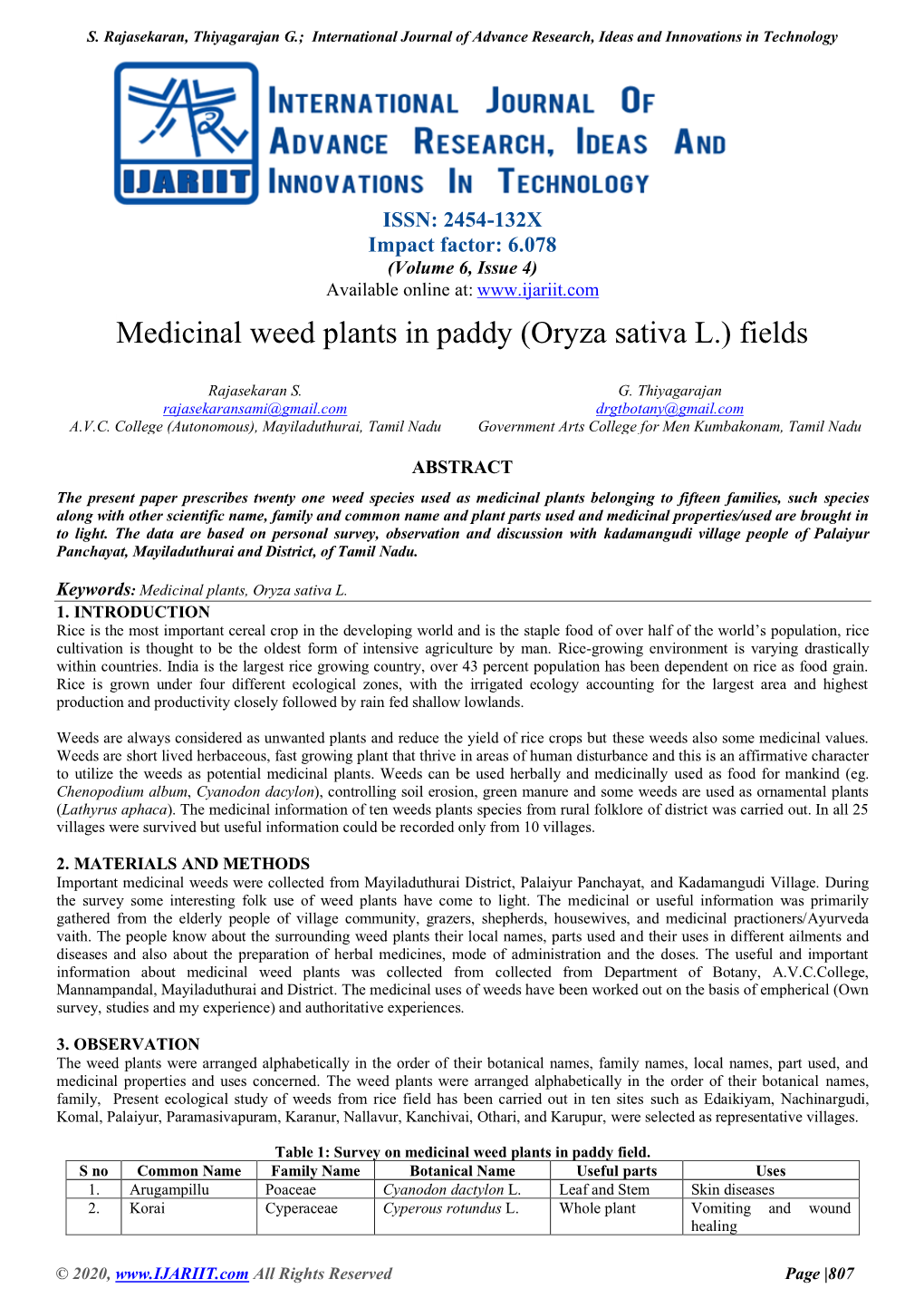 Medicinal Weed Plants in Paddy (Oryza Sativa L.) Fields